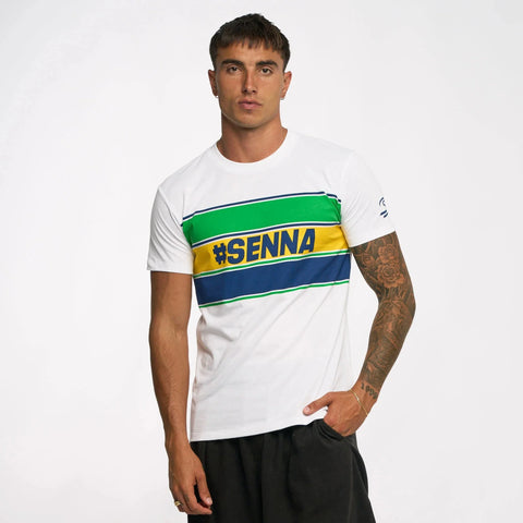 Ayrton Senna F1 Men's #Senna T-Shirt - Blue/Yellow/White